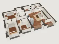 3D floor plan of a three-bedroom townhome with furniture, walnut floors and room-by-room colours